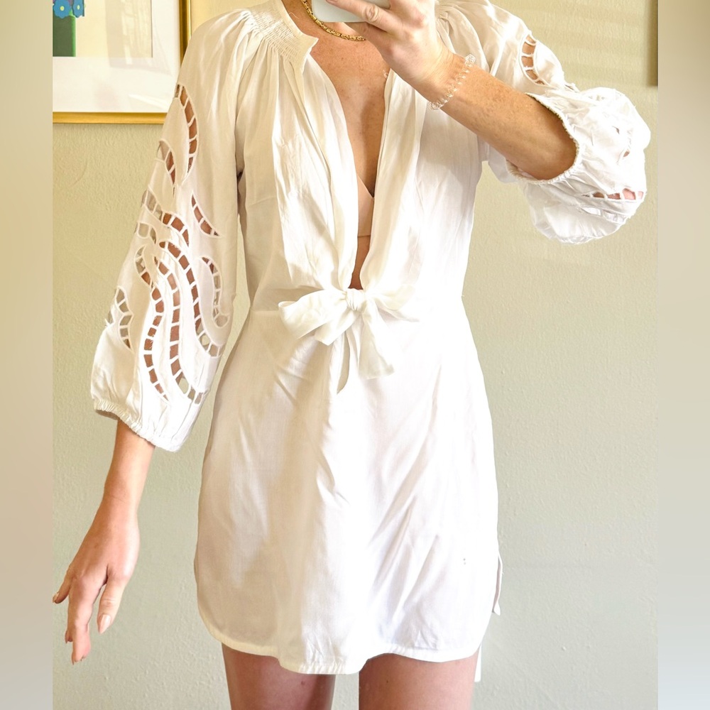 Vix White Tie Front Mini Sundress with Plunge Neckline